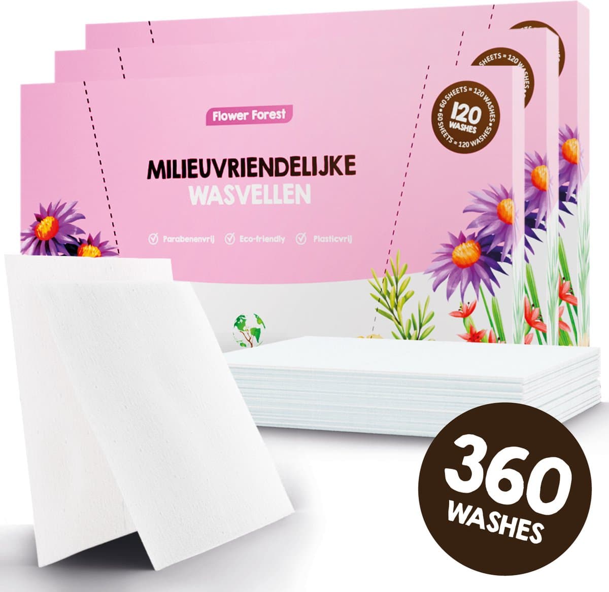Mr. Green Mind Wasstrips ECO 360 Wasbeurten bloemig Flower Forest Milieuvriendelijke Wasmiddeldoekjes Wasvellen Wasmiddel Voordeelverpakking incl. wasverzachter — afbeelding 1