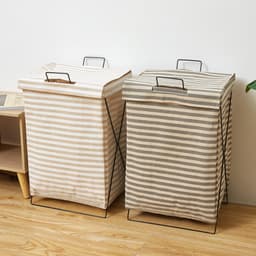 Gestreepte Katoenen Wasmand met IJzeren Frame en Deksel - Inklapbare Wasmand - 36 cm x 28 cm x 59 cm — thumbnail 3
