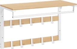 Muurkapstok met plank en 10 verwijderbare haken in eikenhouten kleur wit — thumbnail 1