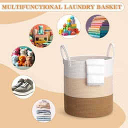 Large Laundry Basket, Foldable Laundry Basket, Storage Basket Organiser with Handle, Cotton Rope Laundry Hamper for Bathroom, Living Room, Bedroom, Cream White + Light Yellow — thumbnail 2