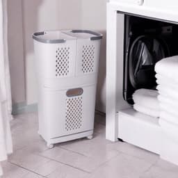 Wasmand 3 Vakken - Wit - Wasmand met Wieltjes - Wassorteerder met Drie Vakken - Kunststof Wasmand — thumbnail 5