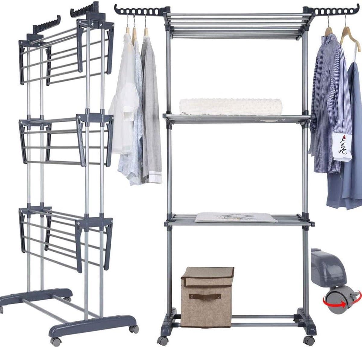 Wasrek op 3 Etages met Parkeerrem Wielen - Roestvrijstalen Buizen - Maximale Belasting 38 KG - Grote Capaciteit - Maat 172 x 72 x 50cm — afbeelding 1