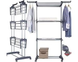 Wasrek op 3 Etages met Parkeerrem Wielen - Roestvrijstalen Buizen - Maximale Belasting 38 KG - Grote Capaciteit - Maat 172 x 72 x 50cm