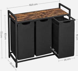 VASAGLE Wasmand 3 vakken, wasverzamelaar met plank, wasbox, waszak van oxford stof uitneembaar, metalen frame, 3 x 38 L, 92,5 x 33 x 72 cm, vintage bruin-zwart BLH301B01 — thumbnail 2
