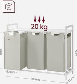 Wasmand 3 vakken – wassorteerder - uitschuifbaar met plank - 92.5 x 33 x 71 cm – wasmand - 168 L verdeeld over 3 zakken – wasmanden – wasmand wit metaal - wit hout — thumbnail 2