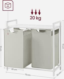 Wasmand 2 vakken, Wassorteerder, Uitschuifbaar, Wasmand met plank, Wasbox, Waszak van oxford stof uitneembaar, Metalen frame, 2 x 46 L, 73 x 33 x 72 cm — thumbnail 2