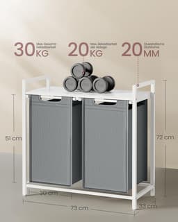 Wasmand met 2 Vakken – Wassorteerder met Uittrekbare Waszakken – Wit – 2x46L — thumbnail 2
