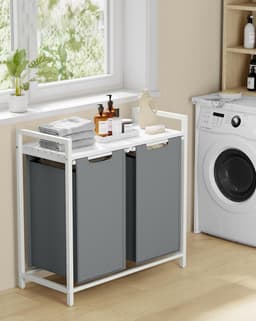 Wasmand met 2 Vakken – Wassorteerder met Uittrekbare Waszakken – Wit – 2x46L — thumbnail 3
