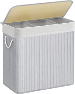 150L wasmand, wasbox met deksel, wassorteerder, van bamboe, met handgrepen, 3 vakken, opvouwbaar, katoen, waszak in de machine wasbaar, wasruimte, grijs LCB091G01 — thumbnail 1