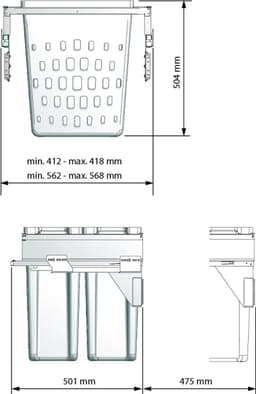 Eleganca Wasmand uittrekbaar en uitneembaar - 562-568 x 501 x 504 mm - Wassorteerder 40+40L - Wasmand 2 vakken - Wasmand inbouw met onderbouw voor frontmontage - 2 x 40 L — thumbnail 2