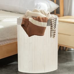 60L Bamboe Wasmand met Deksel |Uitneembare Voering | Opvouwbare Bamboe Opbergmand | Witte Bamboe Wasmand | Milieuvriendelijk | 29 x 39 x 57 cm | Perfect voor Elke Ruimte — thumbnail 4