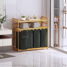 Nexvo® Wasmand 4 Vakken - Wassorteerder - Wasmand - Bamboe Frame - Donkergrijs - 103cm x 42cm x 101cm — thumbnail 5