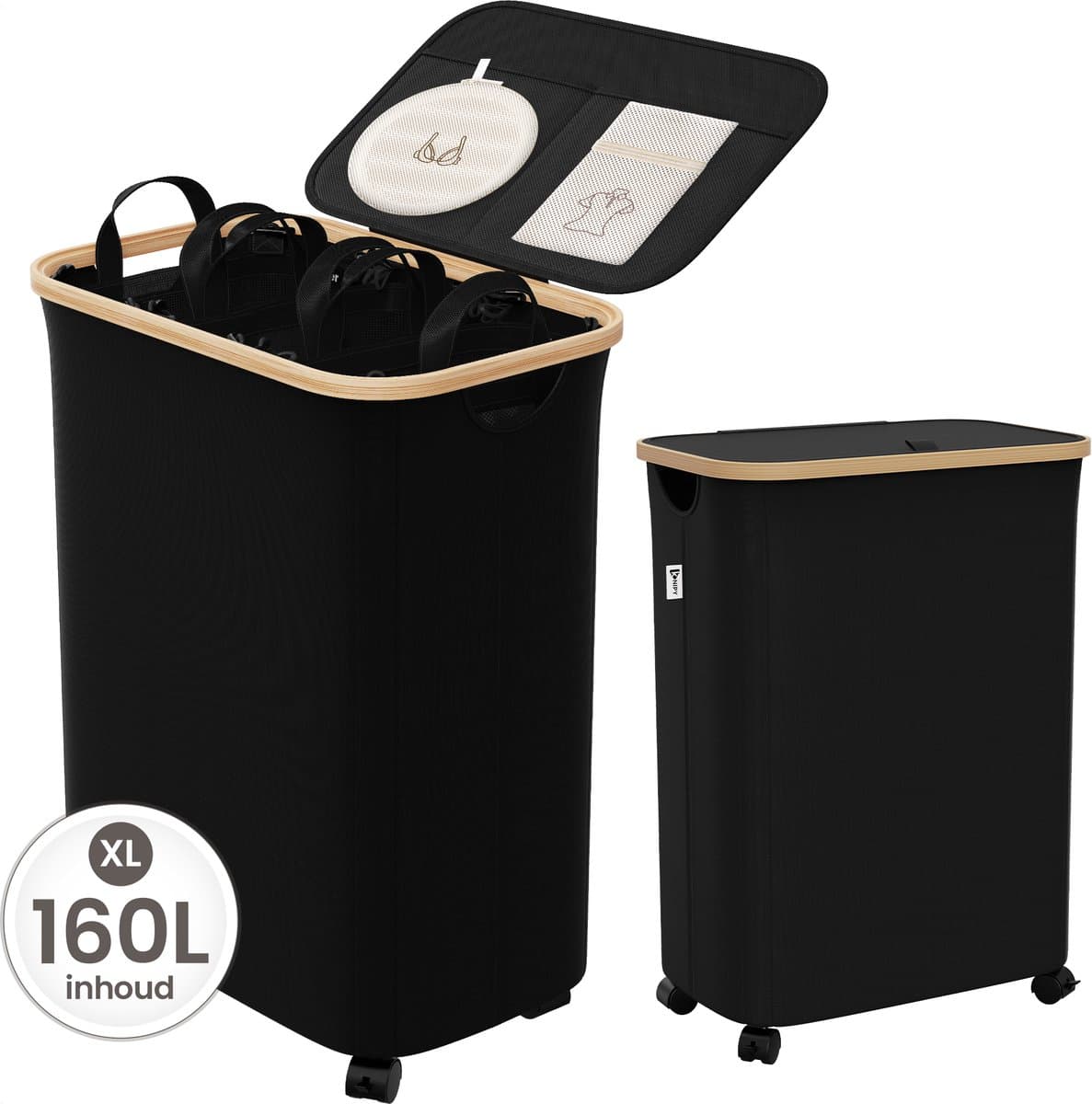 Wasmand 3 Vakken - Wassorteerder met Deksel - Wasbox op Wielen - 160L — afbeelding 1
