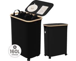 Wasmand 3 Vakken met Deksel - Wassorteerder Opvouwbaar - Wasbox op Wielen - 160L - Laundry Basket Bamboe - Incl. 5 Uitneembare Waszakken en 5 Labels - Zwart — afbeelding 1