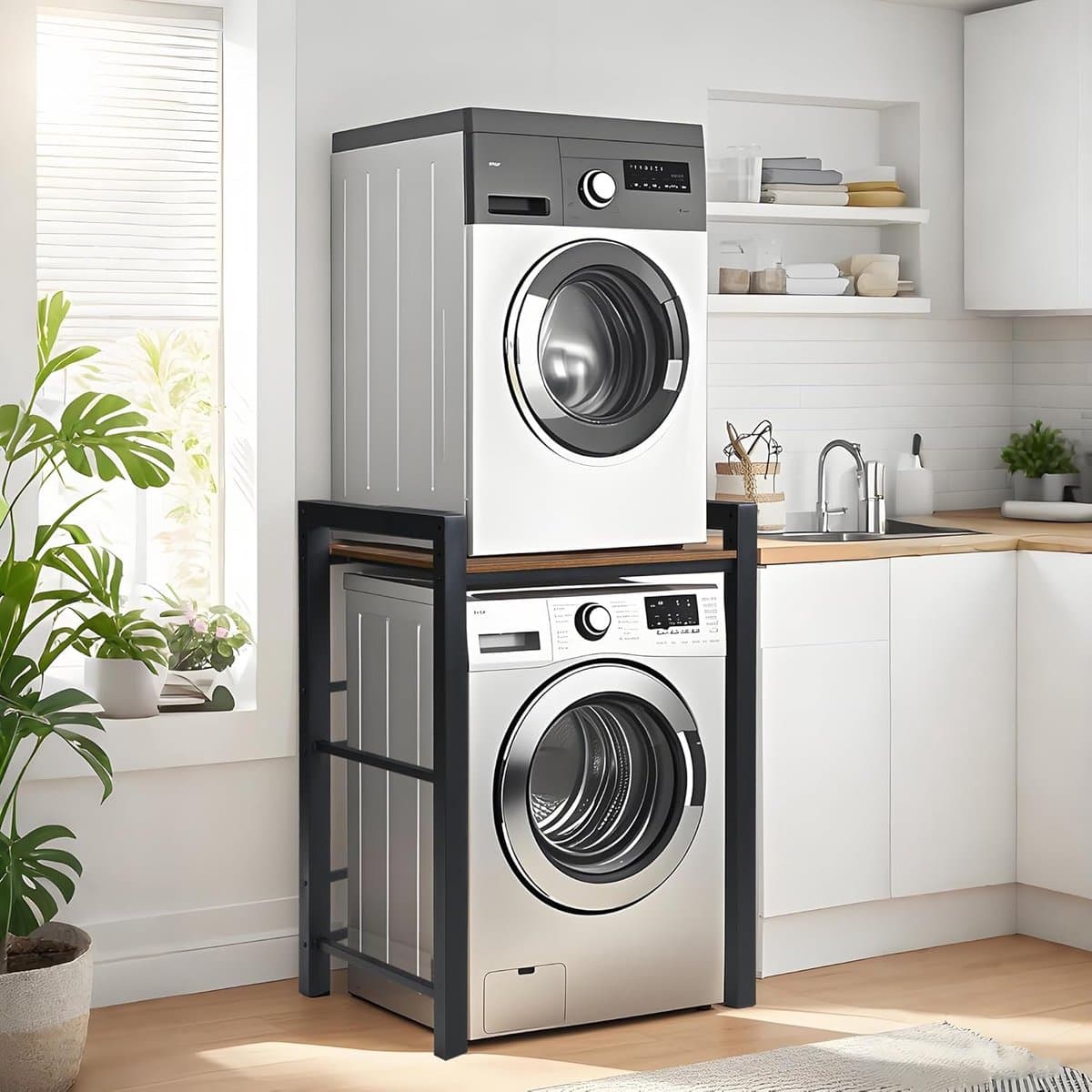 Wasmachine- en Drogerrek - 3-laags Opbergkast voor Wasruimte, Badkamer of Bijkeuken - In Hoogte Verstelbaar — afbeelding 1
