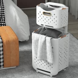 Wasmanden Dubbellaags - Kleding Opbergers - Huishoudelijk Organiseren - Inklapbaar Met Wieltjes - 42x36x14 cm - Rosé Goud — thumbnail 2
