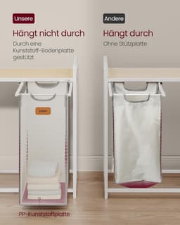 FurnStar - Wasmand 2 vakken - wasverzamelaar 100 l - wassorteerder - rollen - waswagen met planken - waszak - met afneembare vakken - 6 etiketten - kastanjebruin-inktzwart-87 x 33 x 80,5 cm - natuurbeige + duifgrijs + crèmewit — thumbnail 4