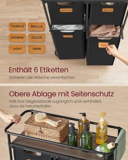 FurnStar - Wassorteerder - wasscheider met wielen - 150 liter - wasmanden - beweegbare waswagen met plank - 4 afneembare vakken - 6 etiketten - 72 x 33 x 109 cm - inktzwart-kastanjebruin — thumbnail 4