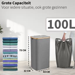 Wasmanden Set - 60L + 100L - 2 Stuks - Wasmand met Deksel - Wassorteerder - Opbergmand - Mand Vuile Was - Grijs — thumbnail 2