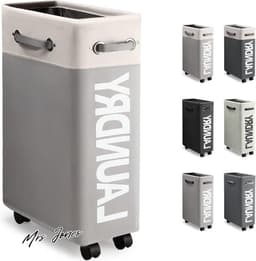 Mrs. Jones Extra Smal Inklapbare Wasmand met Wielen - Opvouwbare Dunne Wasmand met Handvat - Praktische Opbergbox voor Slaapkamers en Wasruimte - 45L - Wit + Lichtgrijs o2 . — thumbnail 1
