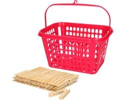 Wasknijpers ophangmandje met haak - fuchsia roze - gevuld met 120x houten wasknijpers 7 cm - was ophangen — afbeelding 1