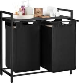 O'DADDY® Wasmand 2 vakken – uitschuifbare wassorteerder met plank - 73 x 33 x 72 cm – metaal - dark grey — thumbnail 1