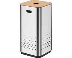 Luzzo® RVS wasmand Glanzend Verchroomd 50 liter met Bamboo Deksel
