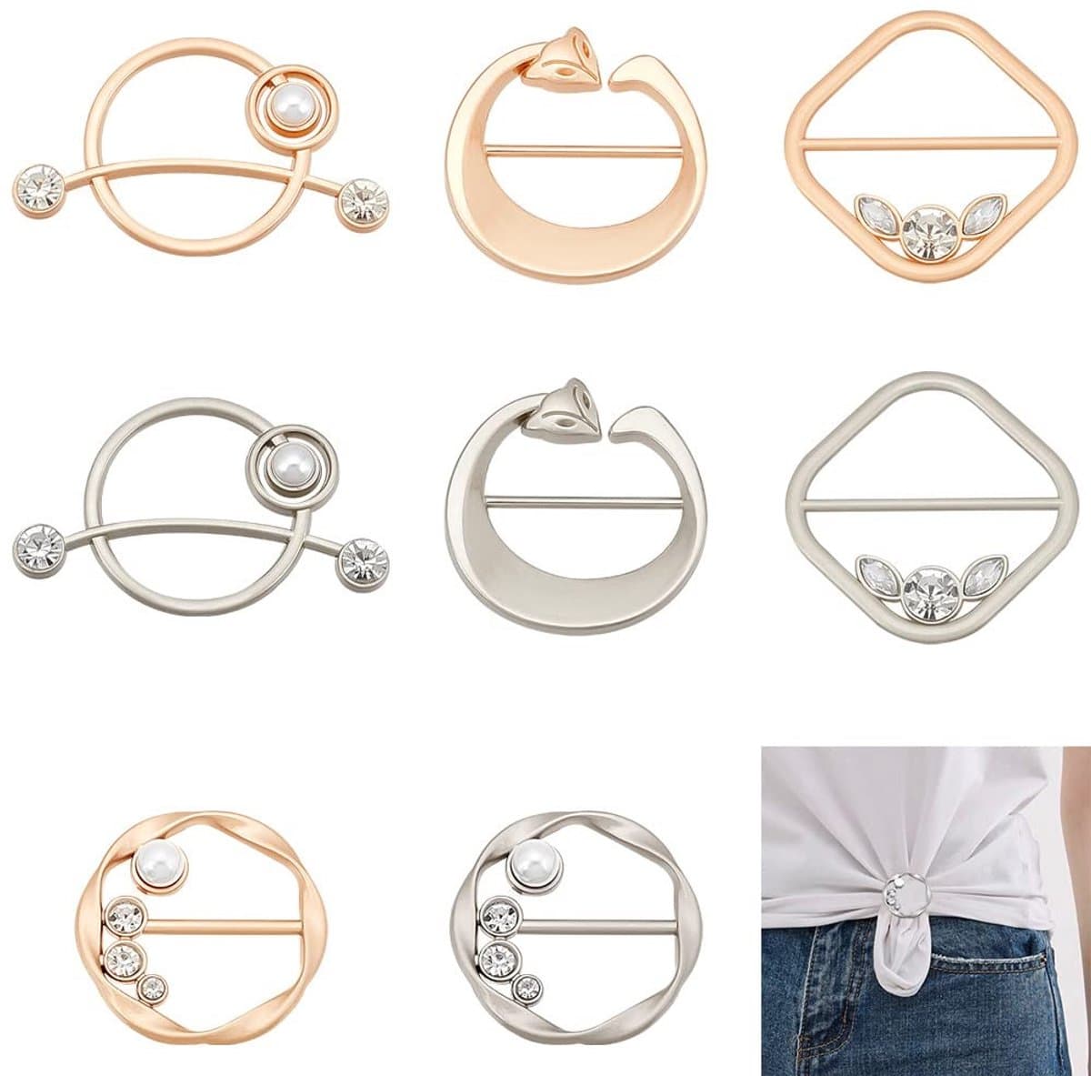 Dailygoods - T-shirt-clips - Kledingklemmen - Elegante parels - Gemengde kleuren - Decoratieve clips - Voor sjaals en kleding - 8 stuks — afbeelding 1