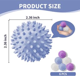 6-pack droogballen - drogerballen - wasbollen voor wasmachine - Wasballen - Kreuk- en klittenvrij - Pluisverwijderend - 6*6*6 cm - Blauw/Wit/Paars - TPR — thumbnail 5
