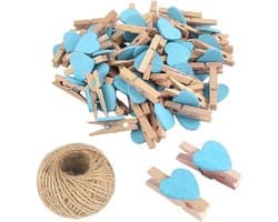 Houten Hart Knijpers - Mini Clips - Foto's Ophangen - Natuurlijk Materiaal - 50 Stuks - Lichtblauw
