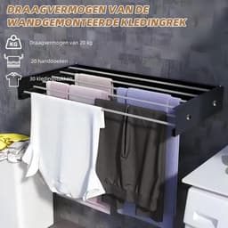 Droogrek Wandmontage - Uittrekbare Waslijn - Was Drogen - Ruimtebesparend Ontwerp - 60 cm - Zwart — thumbnail 2