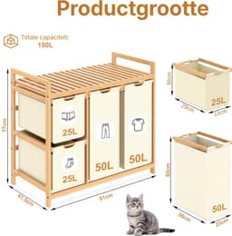 KAD® Wasmand 3 Vakken - Wassorteerder met Deksel - Uitneembare Waszakken - Beige - 42cm x 81cm x 77cm — thumbnail 5