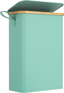 Lifewit Wasmand met Deksel, Smalle Wasmand, Laundry Basket met Bamboe Frame, Uitneembare Zak en Handgreep, Voor Slaapkamer, Badkamer, Wasruimte, 50L, Turquoise — thumbnail 1