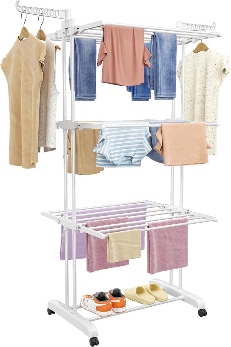 Droogrek Toren - Wasdroger Staand - Kleding Drogen - Inklapbare Vleugels - 50 x 75 x 171 cm - Wit — afbeelding 1
