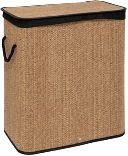 5Five Dubbele Wasmand met deksel - bamboe hout - 100 Liter- naturel zwart - 52 x 32 x 63 cm - sorteren mand — thumbnail 1