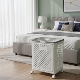 Vouwbare Wasmand met Wielen en Handvat - Stevige, Ventilerende en Sneldrogende Opbergmand voor Badkamer en Slaapkamer — thumbnail 2