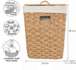Vierkante wasmand met deksel – zeegras – 55 liter – met waszak – naturel — thumbnail 3