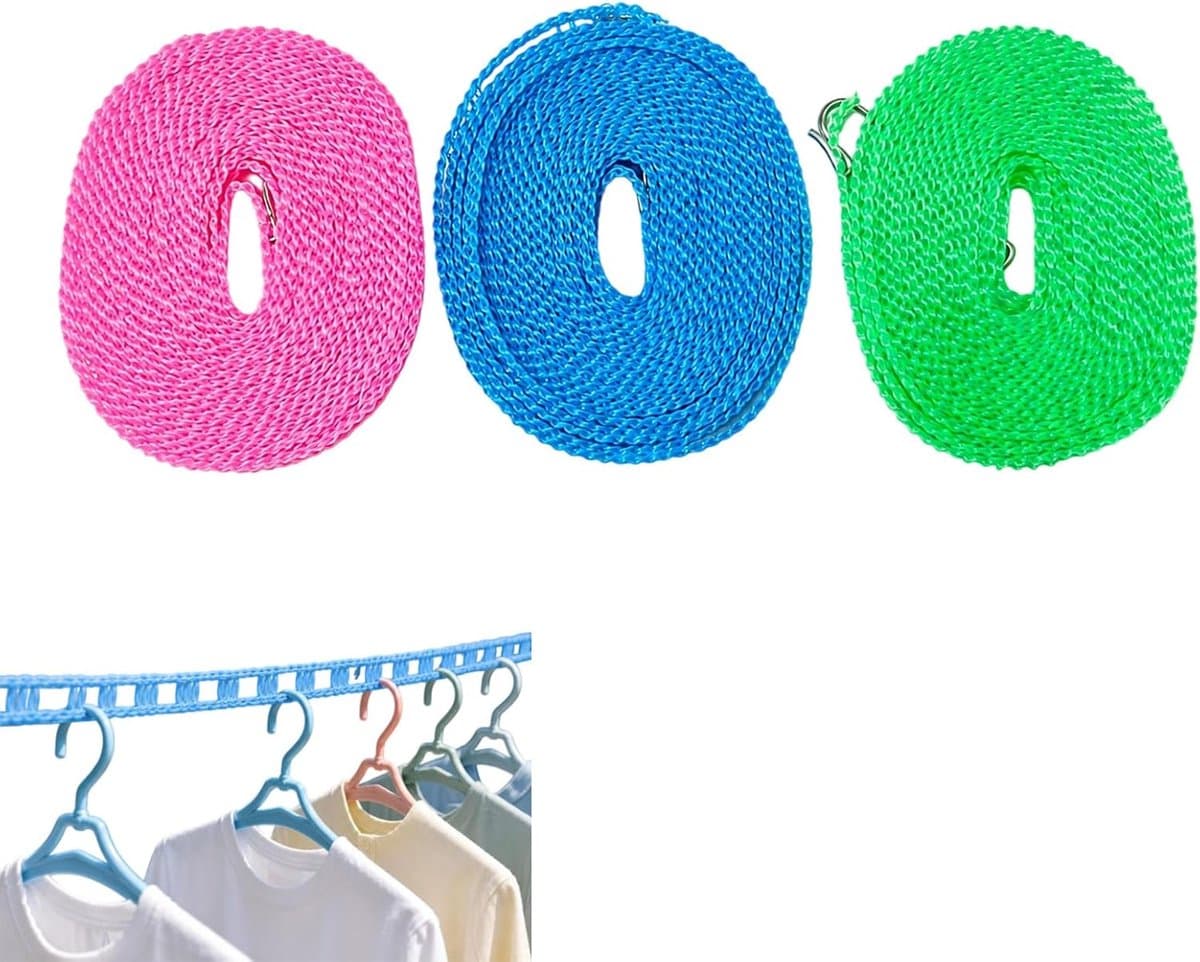 Waslijn, uittrekbaar, winddicht, 3 stuks, verstelbare waslijnen voor binnen en buiten, ruimtebesparend drogen met stevige haken, veelzijdige accessoires voor kamperen — afbeelding 1