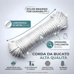 Waslijn, 10 m, 3 mm, robuust, voor buiten, vervormt niet, waterdicht, ideaal voor het ophangen van kleding, camping en thuis — thumbnail 3