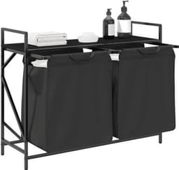 Wasmand – Laundry Basket – Wasbox – Wasopberger – Waszakken – Met Twee Compartimenten – Bovenste Opbergrek – Zwart Stalen Frame – Eiken Houtlook — thumbnail 2