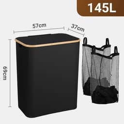 145 l, wasmanden met handgrepen, wasverzamelaar met uitneembare waszakken, grote opvouwbare wasmand met deksel, voor bijkeuken, slaapkamer, zwart — thumbnail 5