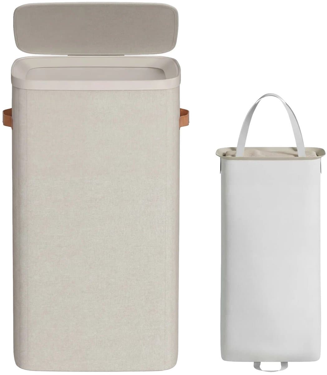 Vurnomi Wasmand - Wasmand met deksel - Waszakken - Handgrepen - Waterafstotend - Opvouwbaar - Binnenzak - 65 L - Cappuccinobeige — afbeelding 1