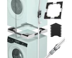 Universele stapelset voor wasmachine en droger, verstelbaar tussenbouwframe 45-68 cm, wit - Plaatsbesparende oplossing met trillingsdemping en bevestigingsriemen