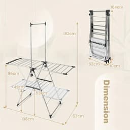 Luxe Uittrekbaar Droogrek met Hangerstang 182x138x63 cm – Opvouwbaar & Stevig Droogrek — thumbnail 3