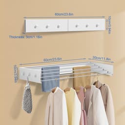 Wanddroogrek - Uitschuifbaar en Opvouwbaar - RVS - Met 6 Haken - 50 kg Draagkracht - Voor Binnen en Buiten - Balkon - Terras - 80 cm — thumbnail 2