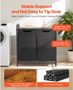 Wasmand, met Metalen Frame en Houten Top, met Uittrekbare 600D Oxford-Stoffenzakken, Vrijstaande Organisator voor Vuile Kleding en Badkameropslag — thumbnail 5