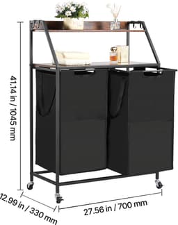 2-Laags Wasmand, met Metalen Frame en Houten Top, Rollende Mand met Dubbele Compartimenten en Ladderplanken voor Het Sorteren van Kleding — thumbnail 3
