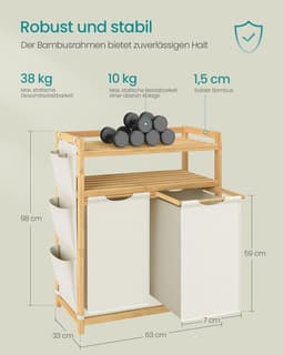 Bamboe wasmand met 2 vakken – 100 L wassorteerder met planken, waszak en zijvakken, crème-wit (RLH200W01) — thumbnail 3