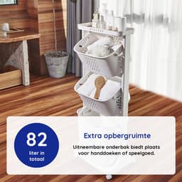 Eleganca Wasmand 3 vakken - Inhoud 82 L - Wassorteerder - Afneembare manden - Wasmand op Wielen - Ruimtebesparend - B44xD33xH109 cm - Kunststof - Gebroken Wit — thumbnail 5