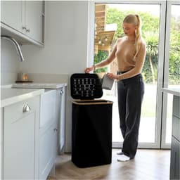 Wasmand - 100L Dubbele Wasmand Met Deksel - 2 Compartimenten Voor Sorteren - Afneembare Binnenzakken - Oxford Stof Met Bamboe Rand - Praktisch En Duurzaam — thumbnail 5
